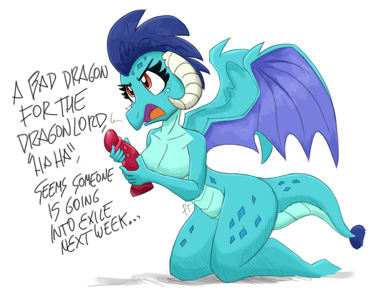 Size: 1600x1300 | Tagged: anthro, artist:flutterthrash, bad dragon, breasts, derpibooru import, dialogue, dildo, dragon, dragon dildo, dragoness, female, princess ember, questionable, sex toy, solo, solo female