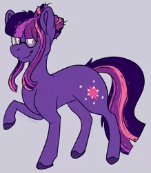 Size: 662x755 | Tagged: safe, artist:sona-artist, derpibooru import, twilight sparkle, earth pony, pony, leak, spoiler:g5, colored hooves, cute, earth pony twilight, female, g5, glasses, hair bun, mare, raised hoof, simple background, smiling, solo, twilight sparkle (g5)