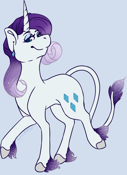 Size: 626x861 | Tagged: safe, artist:sona-artist, derpibooru import, rarity, classical unicorn, pony, unicorn, leak, spoiler:g5, cloven hooves, ear piercing, earring, g5, jewelry, leonine tail, piercing, rarity (g5), simple background, smiling, solo, unshorn fetlocks