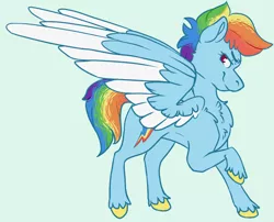 Size: 970x783 | Tagged: safe, artist:sona-artist, derpibooru import, rainbow dash, pegasus, pony, leak, spoiler:g5, chest fluff, colored hooves, colored wings, colored wingtips, g5, profile, rainbow dash (g5), simple background, smiling, smirk, solo, spread wings, wings