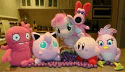 Size: 5000x2882 | Tagged: angry birds, artist:cheerbearsfan, birdo, candy, derpibooru import, food, irl, jelly beans, jigglypuff, kirby, kirby (character), mario bros., moxy, original species, photo, pinkie pie, plushie, plush pony, pokémon, safe, stella (angry birds), super mario bros., toy, uglydoll