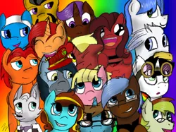 Size: 2732x2048 | Tagged: safe, artist:catchyartz, derpibooru import, oc, oc:antony c, oc:any pony, oc:dawillstanator, oc:dr. wolf, oc:dusty, oc:eliyora, oc:finn the pony, oc:firebrand, oc:goldenfox, oc:ilovekimpossiblealot, oc:ink rose, oc:keyframe, oc:lightning bliss, oc:mad munchkin, oc:silver quill, oc:sweetie bloom, oc:thespio, oc:voice of reason, unofficial characters only, pony, wolf, abstract background, bowtie, eyes closed, facial hair, female, glasses, goggles, grin, group photo, hat, male, mare, moustache, multicolored hair, rainbow hair, smiling, stallion