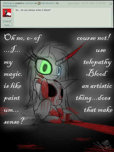 Size: 1200x1600 | Tagged: grimdark, artist:didun850, derpibooru import, oc, oc:element, unofficial characters only, pony, unicorn, ask, blood, curved horn, decapitated, glowing eyes, heterochromia, horn, severed head, signature, tumblr, unicorn oc