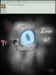 Size: 1200x1600 | Tagged: safe, artist:didun850, derpibooru import, oc, oc:element, unofficial characters only, pony, unicorn, ask, bust, dialogue, female, glowing eyes, heart, horn, mare, one eye closed, scar, signature, smiling, solo, tumblr, unicorn oc, wink