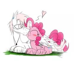 Size: 1087x1034 | Tagged: safe, artist:didun850, derpibooru import, pinkie pie, oc, oc:peace dove, earth pony, pegasus, pony, blushing, canon x oc, eyes closed, female, heart, hug, jewelry, kissing, male, mare, necklace, smiling, stallion, winghug