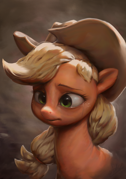 Size: 850x1200 | Tagged: safe, artist:assasinmonkey, derpibooru import, applejack, earth pony, pony, cowboy hat, female, freckles, hat, mare, sad, solo, stetson, teary eyes, unhapplejack