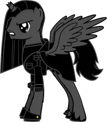 Size: 736x841 | Tagged: safe, artist:joe blaze, derpibooru import, oc, oc:cold bitter hatred, unofficial characters only, alicorn, pony, pony creator, alternate timeline, alternate universe, angry, broken horn, clothes, hatred (game), horn, large wings, male, solo, stallion, torn ear, trenchcoat, wings