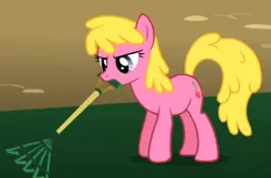 Size: 413x271 | Tagged: safe, derpibooru import, screencap, cherry berry, earth pony, pony, swarm of the century, background pony, cropped, female, frown, mare, mouth hold, rake, solo