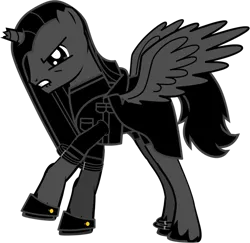 Size: 829x806 | Tagged: safe, alternate version, artist:joe blaze, derpibooru import, oc, oc:cold bitter hatred, ponified, unofficial characters only, alicorn, pony, pony creator, alternate timeline, alternate universe, angry, broken horn, clothes, hatred (game), horn, male, solo, stallion, torn ear, trenchcoat