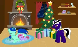 Size: 10000x6000 | Tagged: safe, artist:northernthestar, derpibooru import, oc, oc:lilac petal, oc:mint berry, oc:white delusion, unofficial characters only, pony, unicorn, absurd resolution, christmas, christmas tree, christmas wreath, female, filly, fireplace, holiday, male, mare, present, prone, snow globe, stallion, tree, wreath