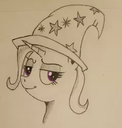 Size: 1957x2048 | Tagged: safe, artist:polar_storm, derpibooru import, trixie, pony, unicorn, bust, hat, monochrome, neo noir, partial color, purple eyes, simple background, sketch, smug, solo, traditional art, white background, wizard hat