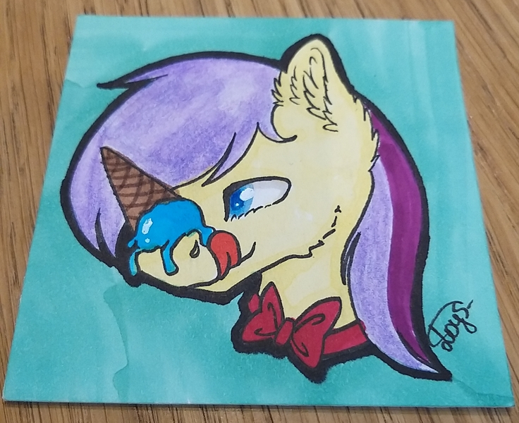 Size: 2947x2404 | Tagged: safe, derpibooru import, oc, oc:shining glow, unofficial characters only, pony, bowtie, bust, colored pupils, ear fluff, food, ice cream, ice cream cone, irl, licking, licking lips, male, photo, portrait, solo, stallion, tongue out, traditional art