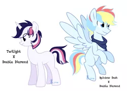 Size: 2415x1746 | Tagged: safe, artist:yaaaco, derpibooru import, oc, unofficial characters only, pegasus, pony, unicorn, half-siblings, offspring, parent:double diamond, parent:rainbow dash, parent:twilight sparkle, parents:diamondlight, parents:doubledash, simple background, white background