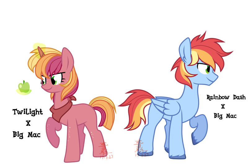 Size: 2400x1617 | Tagged: safe, artist:yaaaco, derpibooru import, oc, unofficial characters only, pegasus, pony, unicorn, half-siblings, offspring, parent:big macintosh, parent:rainbow dash, parent:twilight sparkle, parents:rainbowmac, parents:twimac, simple background, white background