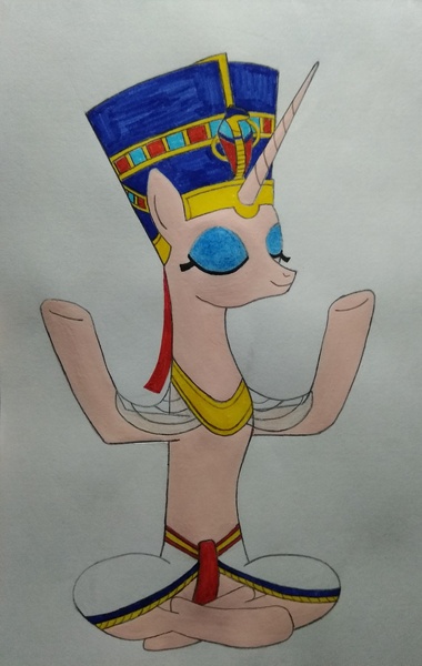 Size: 2637x4160 | Tagged: safe, artist:bsw421, derpibooru import, oc, oc:neferneferuaten nefertiti, unofficial characters only, pony, unicorn, clothes, egyptian, headdress, lotus position, meditating, nefertiti, skirt, solo, traditional art