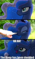 Size: 3840x6480 | Tagged: safe, artist:bastbrushie, artist:vbastv, derpibooru import, princess luna, alicorn, pony, boop, hand, irl, photo, ponies in real life