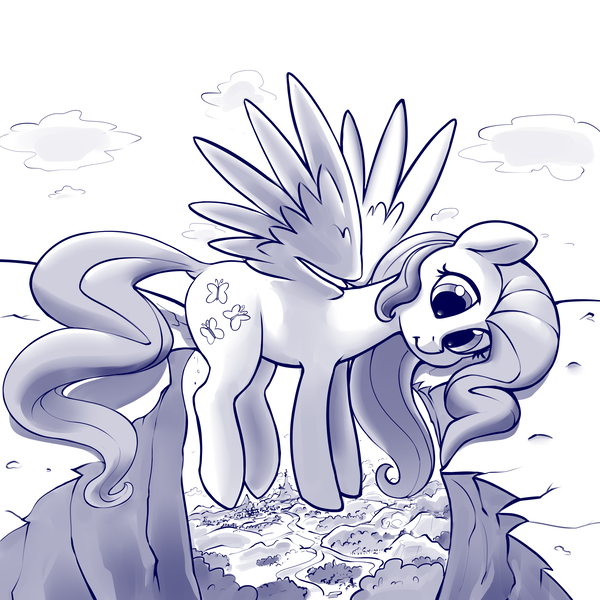 Size: 4000x4000 | Tagged: safe, artist:dimfann, derpibooru import, fluttershy, pegasus, pony, series:pony re-watch, dragonshy, absurd resolution, cute, dock, female, hop skip and jump, mare, monochrome, scene interpretation, shyabetes, silly, silly pony, sketch, solo, spread wings, wings