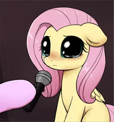 Size: 2655x2838 | Tagged: safe, artist:moozua, derpibooru import, edit, fluttershy, pegasus, pony, big eyes, blushing, crying, crying cat, cute, dilated pupils, doe eyes, female, floppy ears, hoof hold, hooves, looking at you, mare, meme, microphone, missing cutie mark, offscreen character, ponified animal photo, ponified meme, sad, sadorable, shyabetes, solo focus, teary eyes, textless