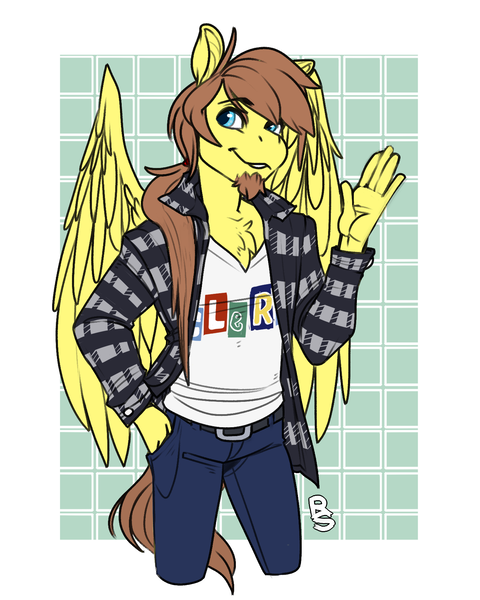 Size: 1400x1750 | Tagged: anthro, anthro oc, artist:rancid art studio, beard, chest fluff, clerks, clothes, derpibooru import, facial hair, oc, oc:rory kenneigh, pegasus, pegasus oc, safe, wings