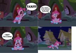 Size: 2340x1634 | Tagged: safe, artist:pippy, derpibooru import, pinkie pie, pony, pinkiepieskitchen, captain obvious, clothes, comic, dignified wear, dress, female, furry confusion, gala dress, gasp, horses doing horse things, mare, solo, sudden realization, taxi