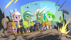 Size: 1192x670 | Tagged: safe, artist:mysticalpha, derpibooru import, oc, oc:bay breeze, oc:cloud zapper, oc:minty root, oc:scope, unofficial characters only, earth pony, pegasus, pony, unicorn, armor, explosion, female, fight, force field, male, mare, royal guard, royal guard armor, stallion