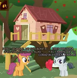 Size: 534x539 | Tagged: safe, derpibooru import, rumble, scootaloo, apple, apple tree, caption, clubhouse, crusaders clubhouse, female, food, male, rumbloo, shipping, spanish, straight, text, tree