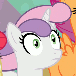 Size: 512x512 | Tagged: safe, derpibooru import, screencap, apple bloom, scootaloo, sweetie belle, pony, growing up is hard to do, animated, cropped, gif, loop, mane, older, older sweetie belle, reaction image, solo focus, stare, thousand yard stare, wide eyes, wind, windswept mane