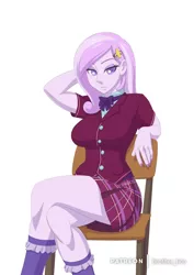 Size: 848x1200 | Tagged: safe, artist:brother-tico, derpibooru import, fleur-de-lis, equestria girls, arm behind head, bedroom eyes, breasts, busty fleur-de-lis, chair, clothes, crossed legs, crystal prep academy uniform, female, legs, looking at you, miniskirt, miss fleur is trying to seduce us, plaid skirt, pleated skirt, school uniform, sexy, simple background, sitting, skirt, socks, solo, stupid sexy fleur-de-lis, thighs, uniform, white background