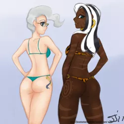 Size: 800x800 | Tagged: artist:johnjoseco, ask gaming princess luna, ass, bikini, breasts, butt, clothes, colored, cutie mark on human, dark skin, derpibooru import, female, females only, hands on hip, human, humanized, looking at you, looking back, looking back at you, mayor mare, signature, simple background, smiling, suggestive, swimsuit, thong swimsuit, zecora