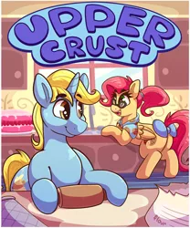 Size: 2652x3192 | Tagged: safe, artist:graphenescloset, derpibooru import, oc, oc:cookie crumble, oc:rolling pin, unofficial characters only, pegasus, pony, unicorn, baker, bakery, baking, cake, couple, cover art, cute, female, food, male, mare, smiling, stallion, story, story in the source, story included
