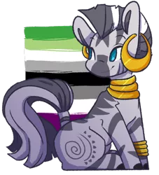 Size: 1280x1409 | Tagged: safe, artist:goober, derpibooru import, zecora, zebra, aromantic, aromantic pride flag, asexual, asexual pride flag, cute, ear piercing, female, image, looking back, mare, piercing, png, pride, pride flag, sitting, solo