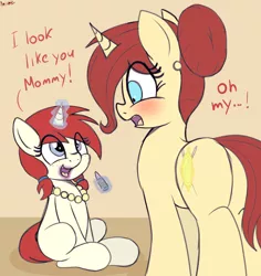 Size: 3180x3371 | Tagged: safe, artist:an-tonio, derpibooru import, oc, oc:golden brooch, oc:silver draw, unofficial characters only, pony, unicorn, blushing, cute, daaaaaaaaaaaw, daughter, female, filly, freckles, hair bun, jewelry, levitation, lipstick, magic, mare, mother, mother and child, mother and daughter, necklace, ocbetes, pigtails, simple background, telekinesis, weapons-grade cute, younger