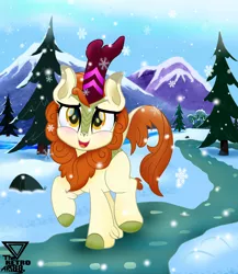 Size: 2500x2884 | Tagged: artist:theretroart88, autumn blaze, awwtumn blaze, blushing, cute, derpibooru import, high res, kirin, mountain, one hoof raised, open mouth, pine tree, quadrupedal, rock, safe, snow, snowfall, solo, tree, walking, winter