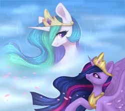 Size: 4000x3540 | Tagged: safe, artist:avrameow, derpibooru import, princess celestia, princess twilight 2.0, twilight sparkle, twilight sparkle (alicorn), alicorn, pony, the last problem, big crown thingy 2.0, digital art, end of ponies, female, mare, older, older twilight, smiling, spiritlestia