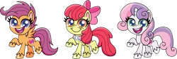 Size: 2959x1000 | Tagged: safe, artist:cloudyglow, derpibooru import, apple bloom, scootaloo, sweetie belle, earth pony, pegasus, pony, unicorn, my little pony: pony life, adorabloom, chibi, cute, cutealoo, cutie mark crusaders, diasweetes, female, goldie delicious' scarf, happy, mare, older, older apple bloom, older cmc, older scootaloo, older sweetie belle, open mouth, raised hoof, simple background, smiling, transparent background, unshorn fetlocks