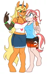 Size: 689x1064 | Tagged: safe, alternate version, artist:redxbacon, derpibooru import, oc, oc:coral, oc:tangy mandarin, unofficial characters only, anthro, earth pony, unguligrade anthro, unicorn, amputee, anthro oc, belly button, blushing, clothes, denim skirt, digital art, female, midriff, prosthetic limb, prosthetics, shorts, skirt, smiling, tanktop