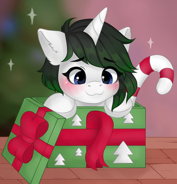 Size: 2990x3100 | Tagged: safe, artist:yourmeow, derpibooru import, oc, oc:vex vixen, unofficial characters only, pony, unicorn, blushing, box, candy, candy cane, christmas, cute, female, filly, food, holiday, pony in a box, present, short hair, solo