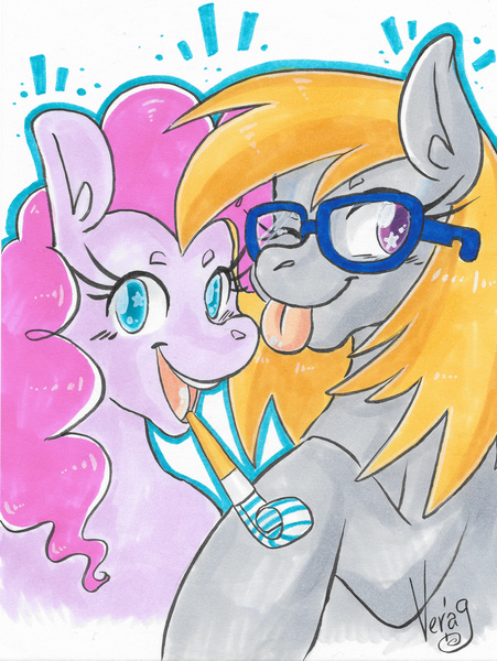 Size: 6888x9166 | Tagged: safe, artist:vederlicht, derpibooru import, pinkie pie, oc, oc:cloud cuddler, earth pony, pony, :p, accessories, canon x oc, cute, glasses, party horn, simple background, tongue out, traditional art