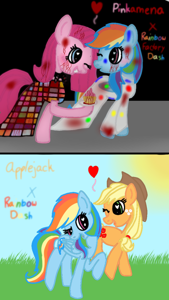 Size: 720x1280 | Tagged: semi-grimdark, artist:rainbow dash is best pony, derpibooru import, applejack, pinkie pie, rainbow dash, earth pony, pegasus, pony, fanfic:cupcakes, fanfic:rainbow factory, appledash, applejack's hat, blood, clothes, cowboy hat, cupcake, cutie mark dress, female, food, hat, heart, heart eyes, lab coat, lesbian, liquid rainbow, one eye closed, pinkiedash, rainbow factory dash, shipping, spectra, split screen, sun, text, unicorn horns, wingding eyes, wink