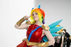 Size: 2560x1707 | Tagged: safe, derpibooru import, rainbow dash, human, equestria girls, 2019, armpits, clothes, cosplay, costume, crystal guardian, crystal wings, derpfest, irl, irl human, photo, wings