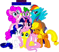 Size: 2180x1930 | Tagged: artist needed, safe, artist:allet the cat, derpibooru import, editor:cocoa bittersweet, applejack, fluttershy, pinkie pie, rainbow dash, rarity, spike, twilight sparkle, twilight sparkle (alicorn), alicorn, dragon, earth pony, pegasus, pony, unicorn, cute, cutie mark, female, looking at you, lying down, male, mane seven, mane six, mane six opening poses, manepxls, mare, one eye closed, pixel art, pxls.space, simple background, sitting, smiling, transparent background, wink