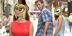 Size: 880x440 | Tagged: safe, artist:anonymous, artist:lockerobster, derpibooru import, oc, oc:brave, oc:honour bound, unofficial characters only, earth pony, pony, /mlp/, 4chan, annoyed, armor, brave & vannie, distracted boyfriend meme, everyday life with guardsmares, female, guardsmare, mare, meme, royal guard
