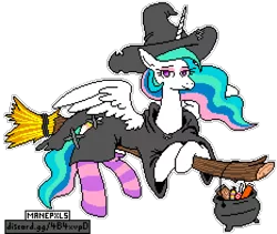 Size: 932x788 | Tagged: safe, artist:jargon scott, derpibooru import, editor:cocoa bittersweet, princess celestia, alicorn, pony, broom, candy, cauldron, clothes, costume, female, flying, flying broomstick, food, halloween, halloween costume, holiday, looking at you, manepxls, mare, pixel art, pxls.space, simple background, smiling, socks, solo, striped socks, transparent background, witch