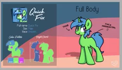 Size: 659x383 | Tagged: safe, artist:sugar morning, deleted from derpibooru, derpibooru import, oc, oc:quick fix, pony, unicorn, blue mane, chibi, green fur, male, reference sheet, solo