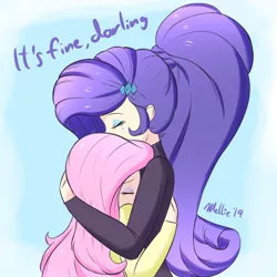 Size: 1000x1000 | Tagged: safe, artist:melliedraws, derpibooru import, fluttershy, rarity, human, female, flarity, hug, humanized, lesbian, shipping