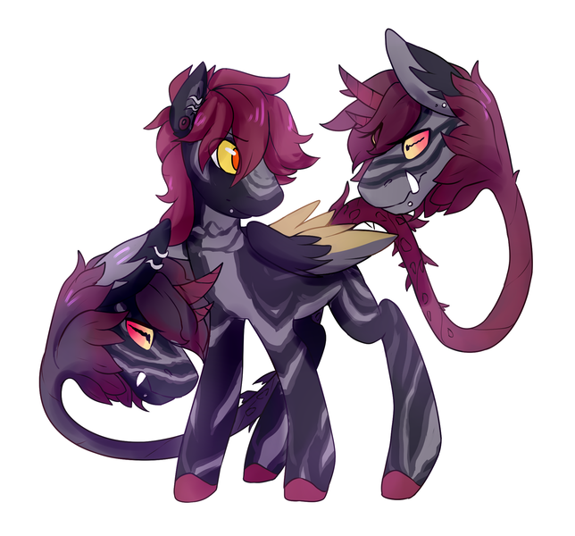 Size: 1957x1824 | Tagged: artist:pomrawr, augmented tail, colored hooves, cow plant pony, derpibooru import, fangs, monster pony, multiple heads, oc, original species, plant, plant pony, safe, simple background, solo, unofficial characters only, white background