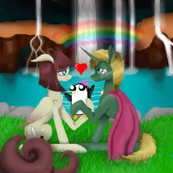 Size: 800x800 | Tagged: safe, artist:auroraswirls, derpibooru import, oc, unofficial characters only, bird, pegasus, penguin, pony, unicorn, cloak, clothes, female, heart, horn, hot springs, male, mare, oc x oc, pegasus oc, rainbow, shipping, sitting, stallion, unicorn oc, wings