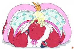 Size: 2520x1680 | Tagged: suggestive, artist:necrofeline, derpibooru import, big macintosh, pony, bhm, big femboyintosh, bigger macintosh, bingo wings, butt, chubby cheeks, crossdressing, double chin, fat, floating heart, heart, huge butt, image, impossibly large butt, large butt, looking at you, morbidly obese, neck roll, obese, orchard blossom, patreon, patreon logo, png, smiling, solo