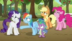 Size: 1920x1080 | Tagged: safe, derpibooru import, screencap, applejack, pinkie pie, rainbow dash, rarity, spike, dragon, earth pony, pegasus, unicorn, between dark and dawn, apple, apple tree, applejack's hat, baby, baby dragon, claws, cowboy hat, cringing, displeased, female, folded wings, food, freckles, hat, looking up, male, mare, messy, narrowed eyes, pinkie pie is not amused, pointing, ponytail, rainbow dash is not amused, raised eyebrow, spread wings, stetson, sweet apple acres, tied tail, tree, unamused, winged spike, wings