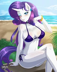 Size: 3200x4000 | Tagged: suggestive, artist:danmakuman, derpibooru import, rarity, anthro, unicorn, ;p, absolute cleavage, beach, bikini, blushing, breasts, busty rarity, cleavage, clothes, digital art, female, looking at you, mare, one eye closed, smiling, solo, solo female, swimsuit, tongue out, wink